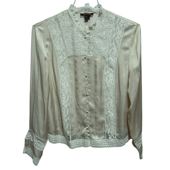 Vtg Ralph Lauren Victorian Ivory Silk Blouse 14 Lace Pearl Buttons LS Feminine - Picture 1 of 8